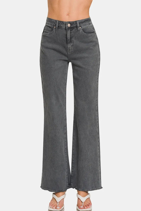 Zenana Acid Washed Frayed Hem Bootcut Jeans - Absolute Discounts
