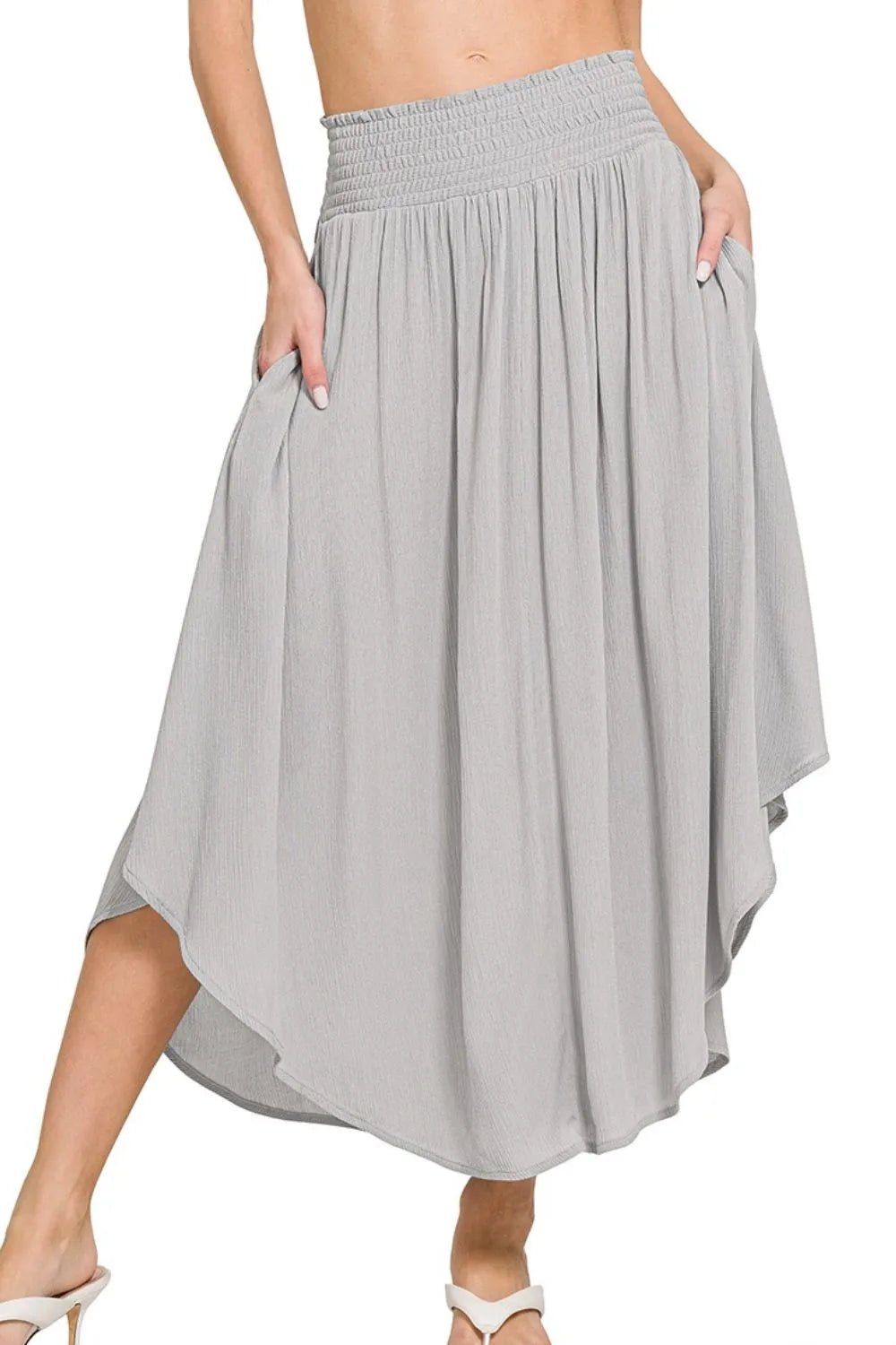 Zenana Woven Crinkle Smocked Waist Maxi Skirt W Pockets - Absolute Discounts