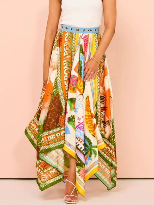 Printed Asymmetrical Hem Maxi Skirt - Absolute Discounts