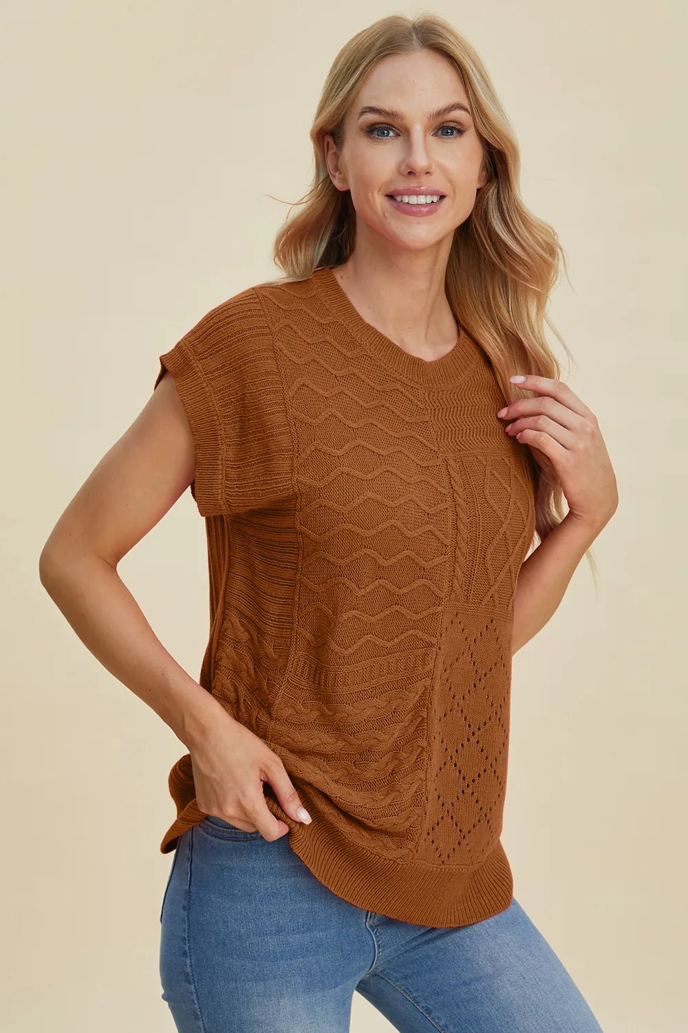 Double Take Full Size Cable - Knit Round Neck Cap Sleeve Sweater - Absolute Discounts