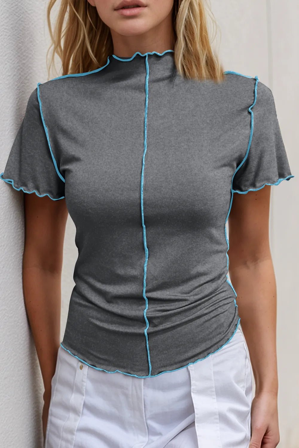 Basic Bae Contrast Trim Mock Neck Short Sleeve T-Shirt - Absolute Discounts