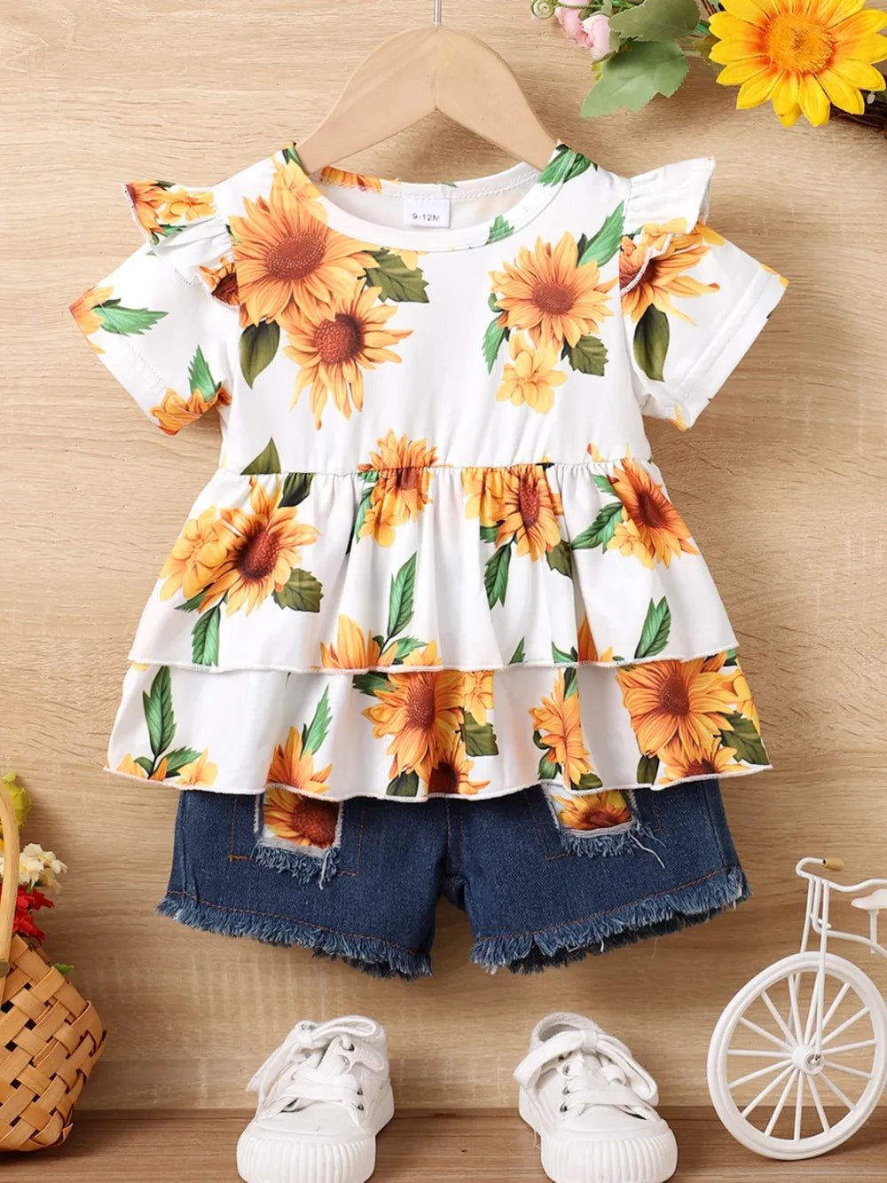 Children's Sunflower Ruffled Short Sleeve Top and Shorts Set - Absolute Discounts