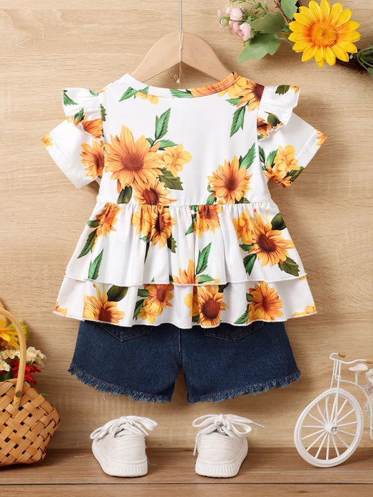 Children's Sunflower Ruffled Short Sleeve Top and Shorts Set - Absolute Discounts