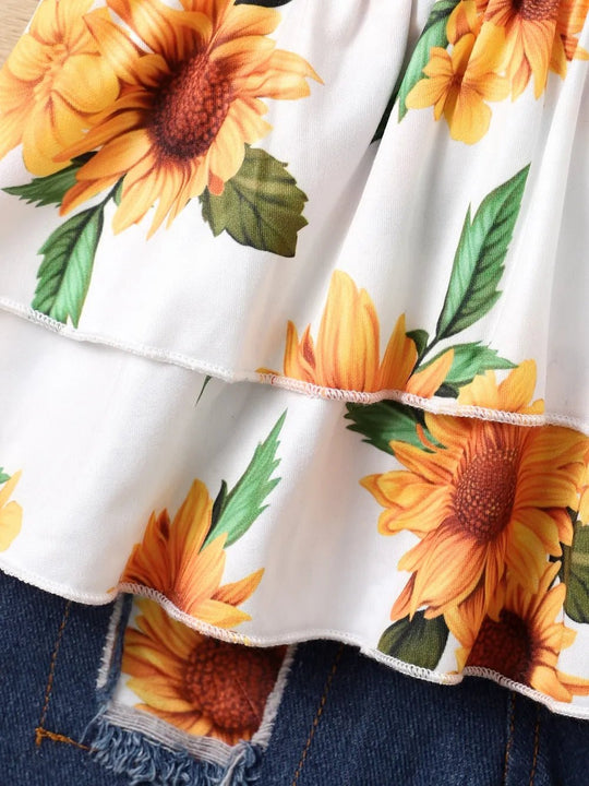 Children's Sunflower Ruffled Short Sleeve Top and Shorts Set - Absolute Discounts