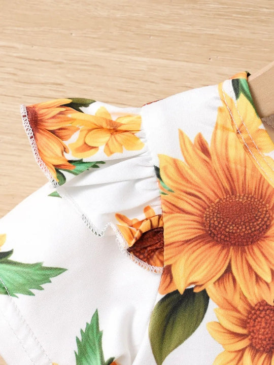 Children's Sunflower Ruffled Short Sleeve Top and Shorts Set - Absolute Discounts