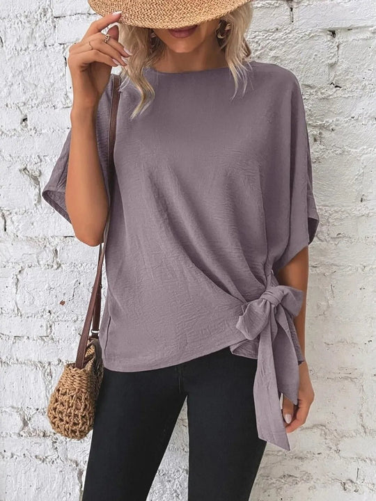 Knotted Round Neck Half Sleeve Blouse - Absolute Discounts