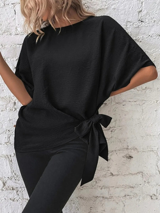 Knotted Round Neck Half Sleeve Blouse - Absolute Discounts