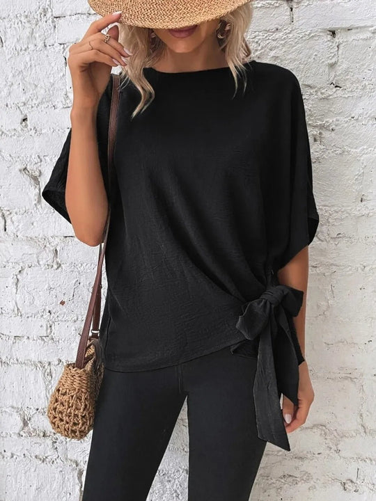 Knotted Round Neck Half Sleeve Blouse - Absolute Discounts