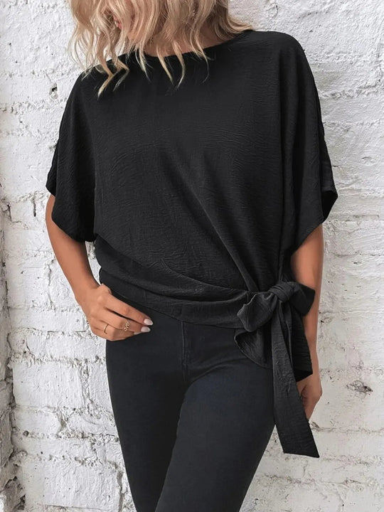 Knotted Round Neck Half Sleeve Blouse - Absolute Discounts