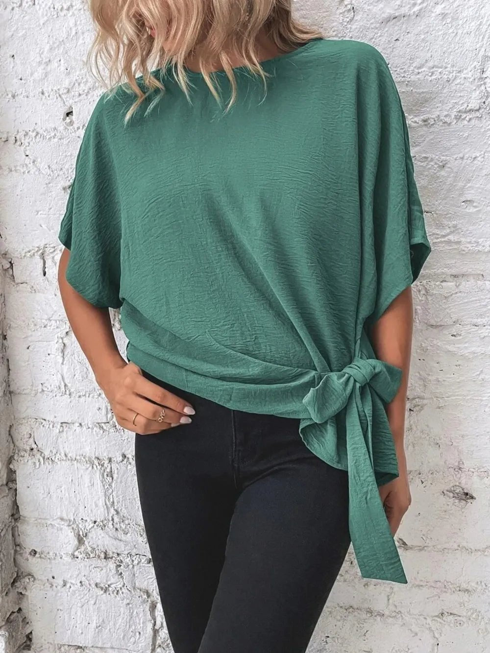Knotted Round Neck Half Sleeve Blouse - Absolute Discounts