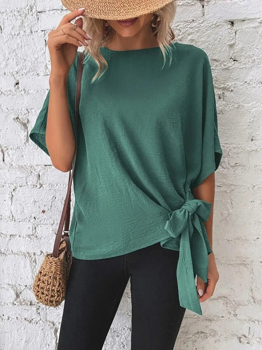 Knotted Round Neck Half Sleeve Blouse - Absolute Discounts