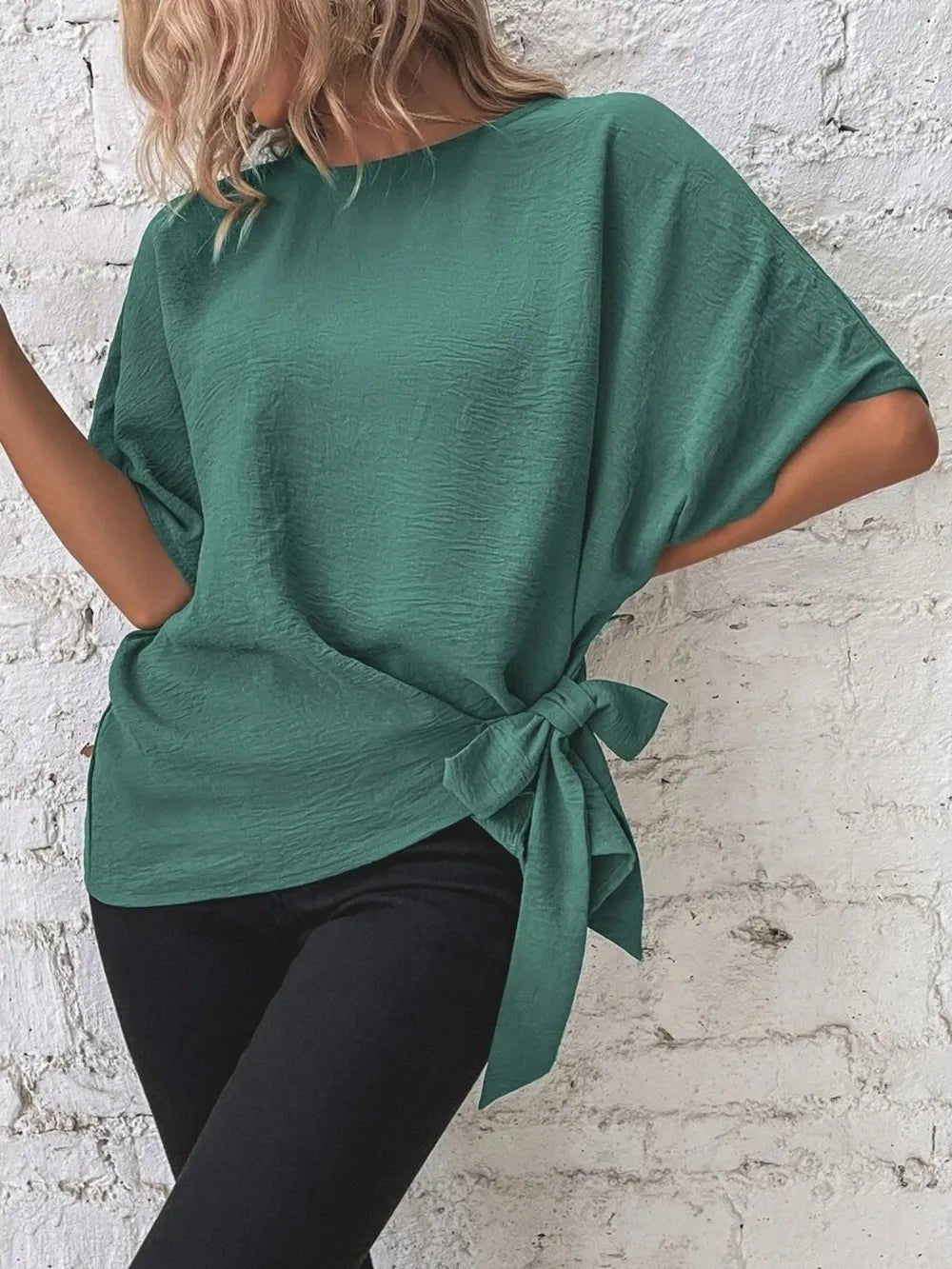 Knotted Round Neck Half Sleeve Blouse - Absolute Discounts