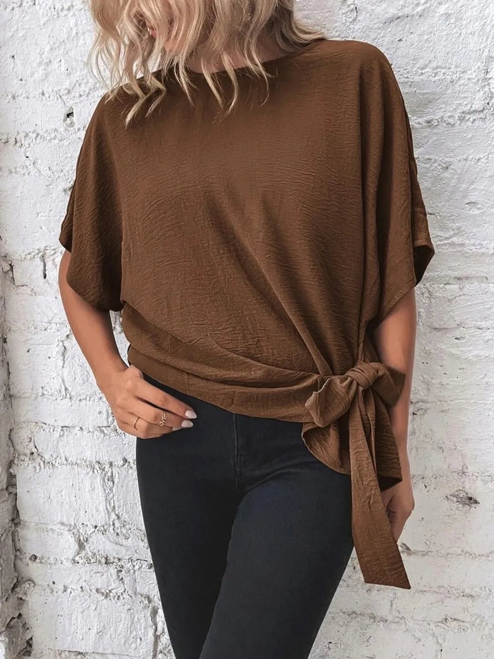 Knotted Round Neck Half Sleeve Blouse - Absolute Discounts