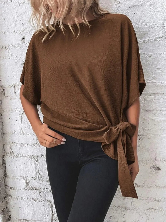 Knotted Round Neck Half Sleeve Blouse - Absolute Discounts