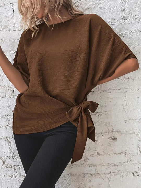 Knotted Round Neck Half Sleeve Blouse - Absolute Discounts