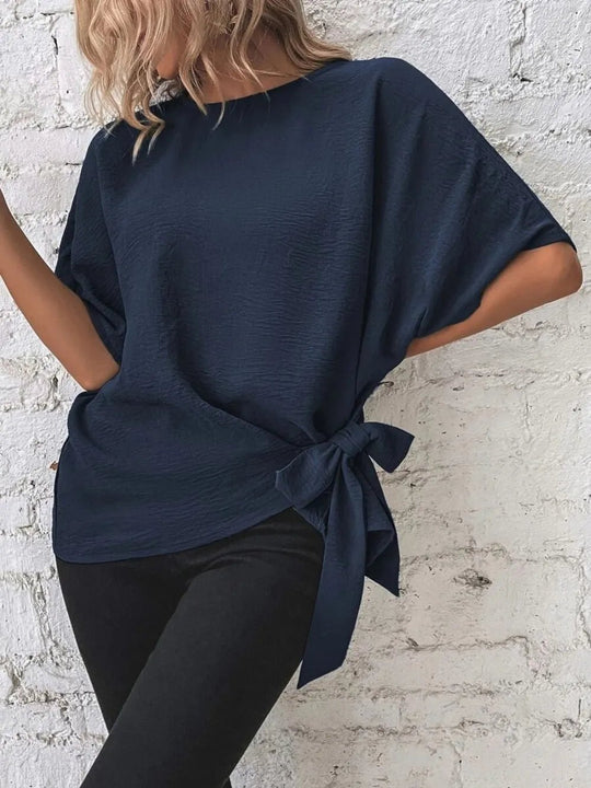 Knotted Round Neck Half Sleeve Blouse - Absolute Discounts