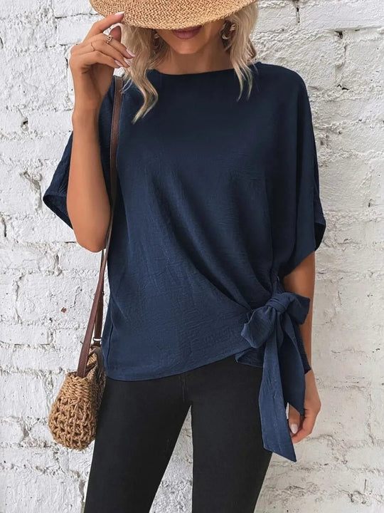 Knotted Round Neck Half Sleeve Blouse - Absolute Discounts