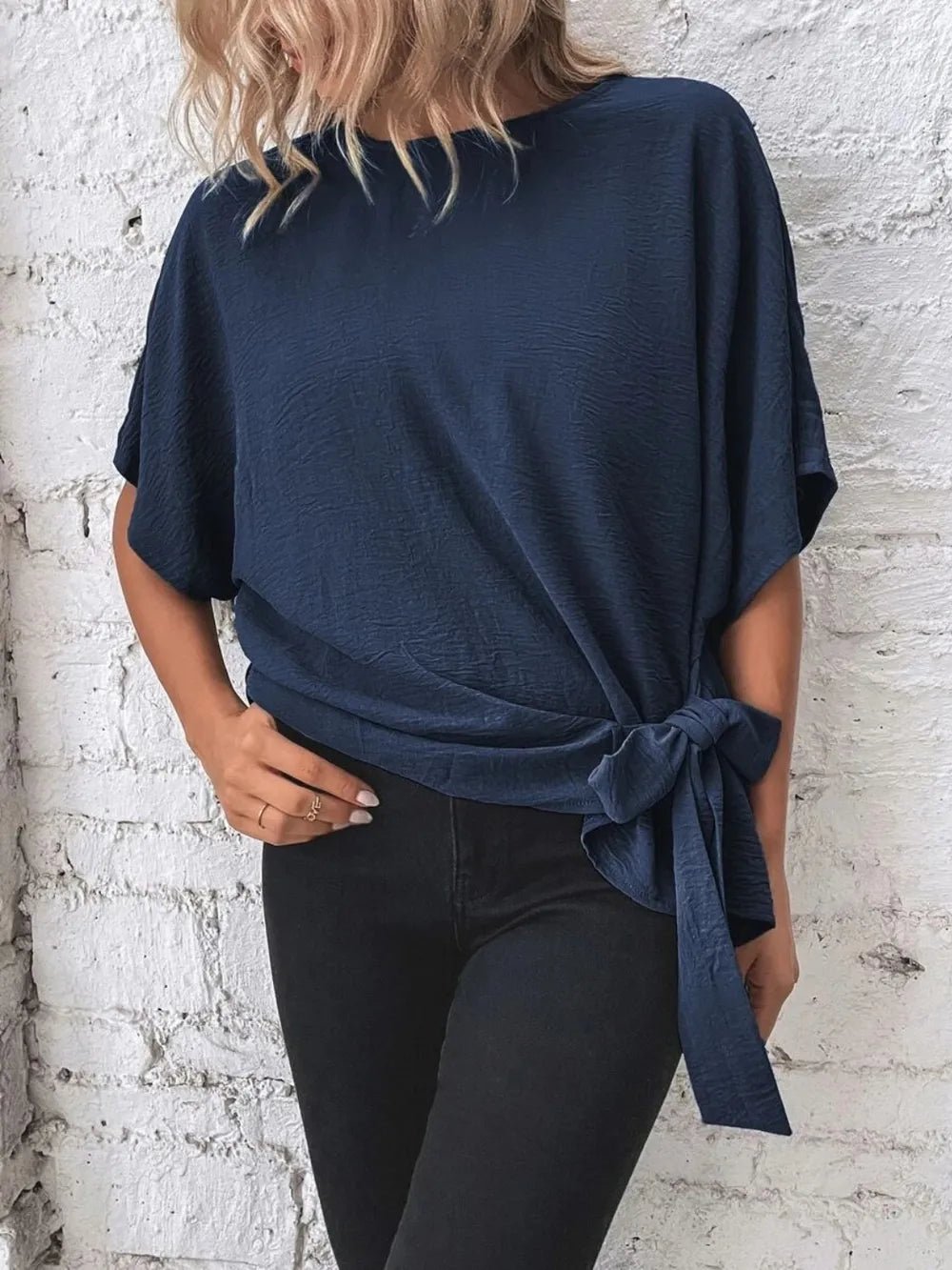 Knotted Round Neck Half Sleeve Blouse - Absolute Discounts