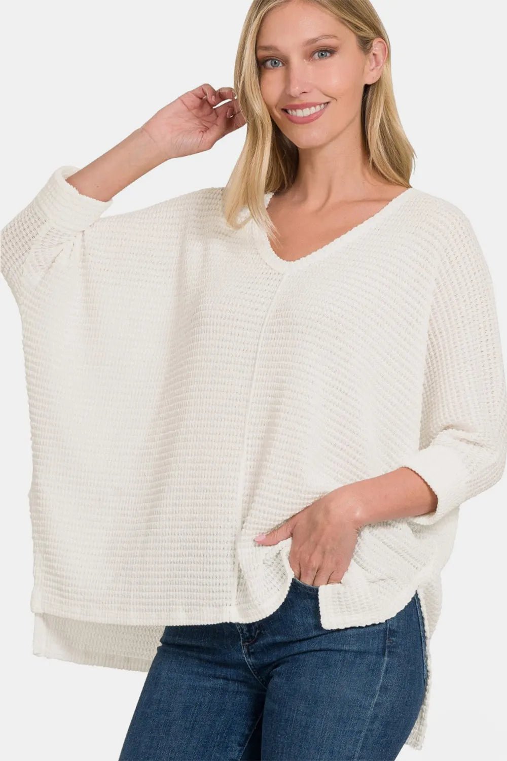 Zenana Full Size Round Neck High - Low Slit Knit Top - Absolute Discounts