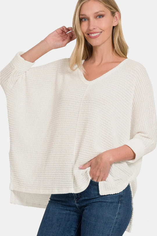 Zenana Full Size Round Neck High - Low Slit Knit Top - Absolute Discounts