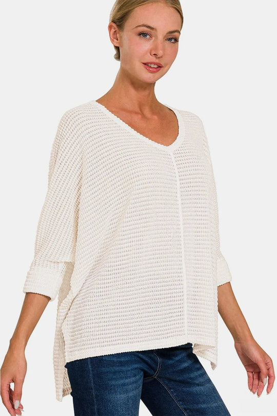 Zenana Full Size Round Neck High - Low Slit Knit Top - Absolute Discounts
