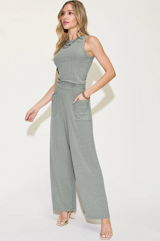 Basic Bae Full Size Ribbed Tank and Wide Leg Pants Set - Absolute Discounts