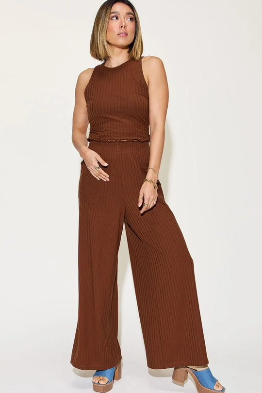 Basic Bae Full Size Ribbed Tank and Wide Leg Pants Set - Absolute Discounts