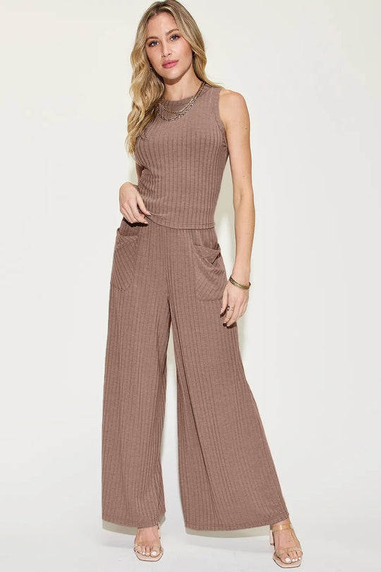Basic Bae Full Size Ribbed Tank and Wide Leg Pants Set - Absolute Discounts