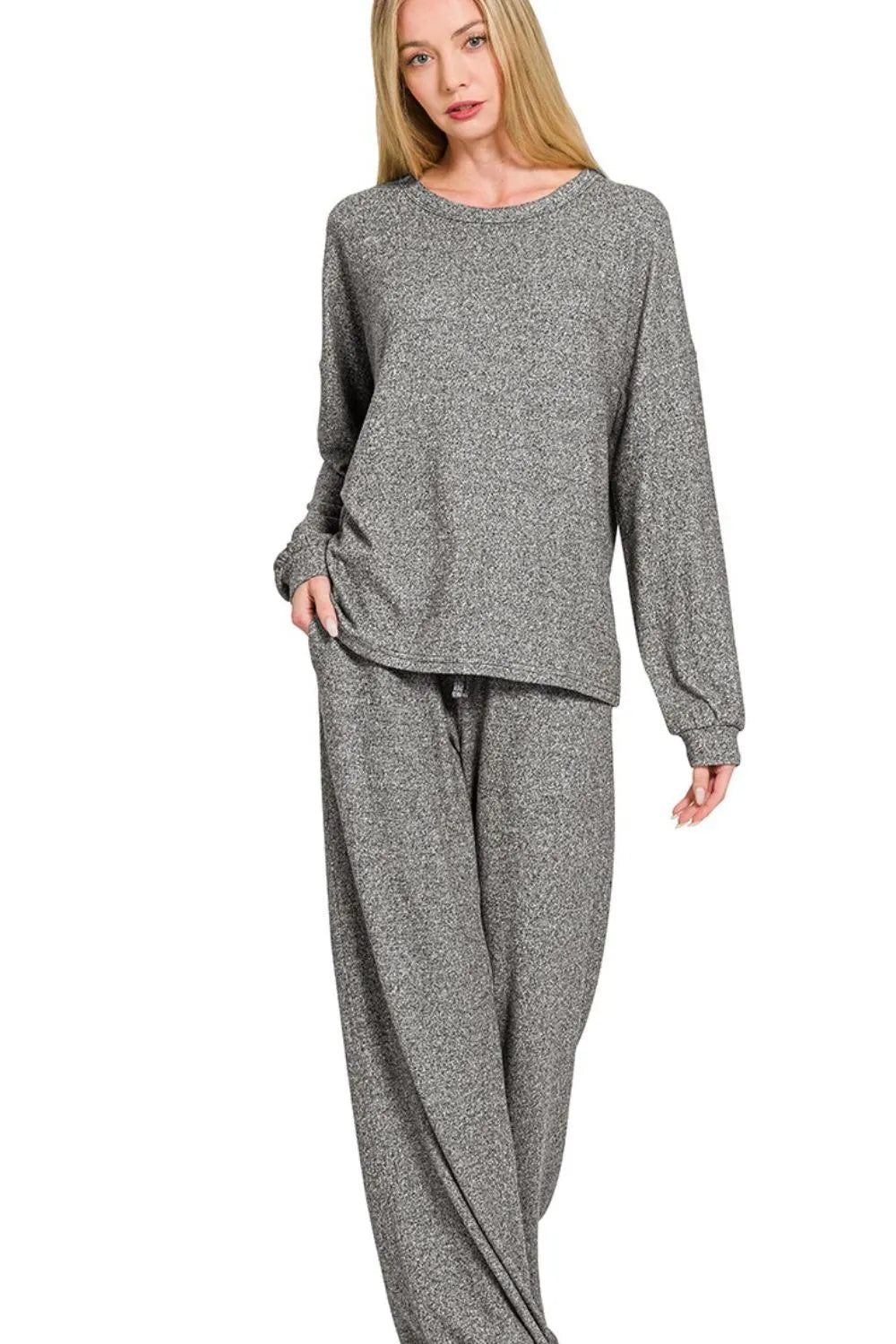 Zenana Soft Melange Hacci Long Slv Tee & Pants Set - Absolute Discounts