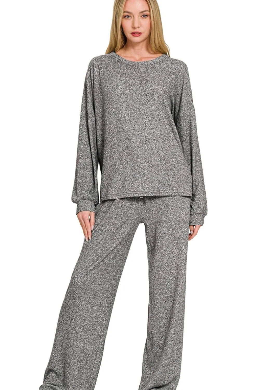 Zenana Soft Melange Hacci Long Slv Tee & Pants Set - Absolute Discounts