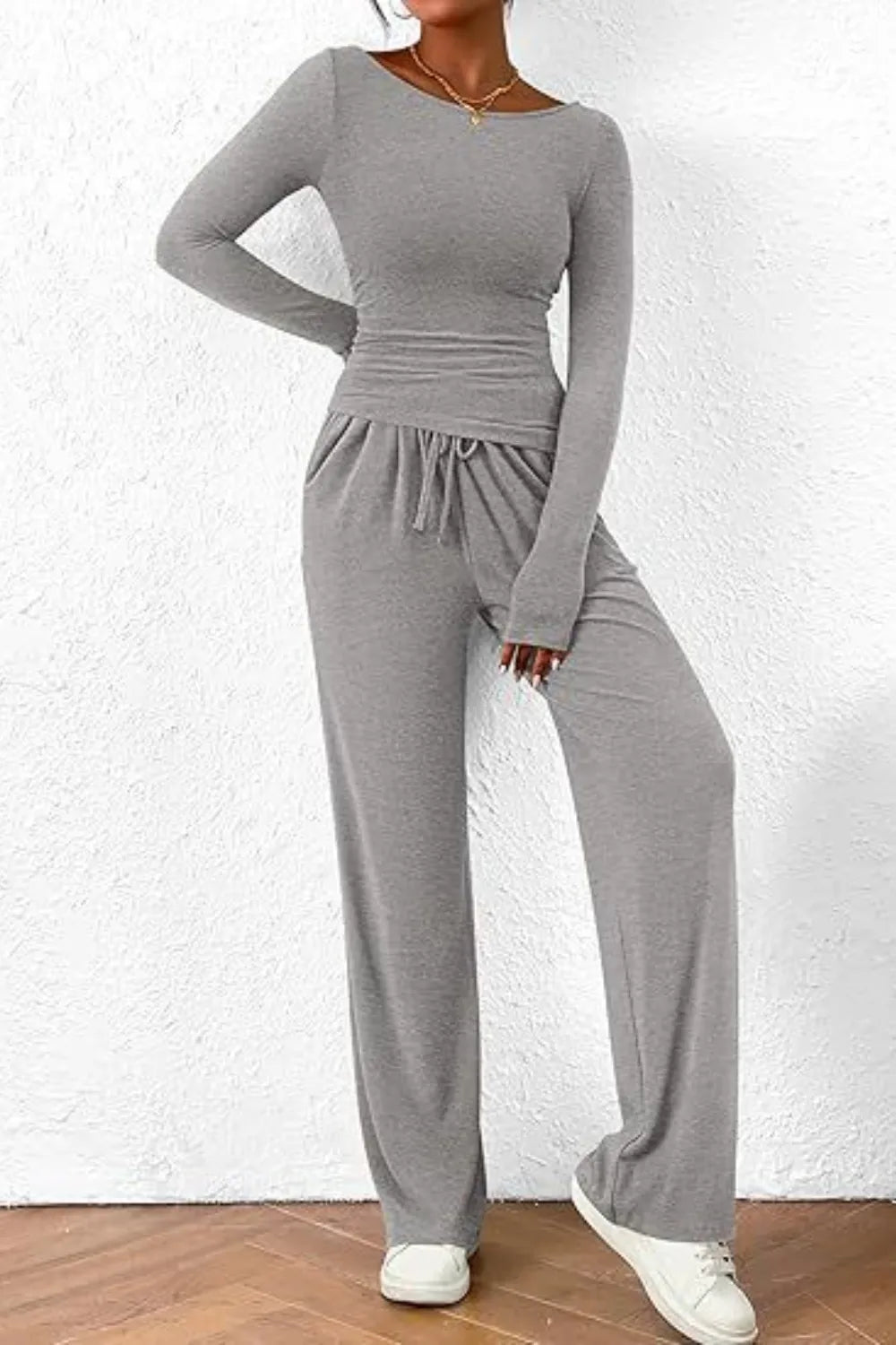 Round Neck Long Sleeve Top and Pants Set - Absolute Discounts