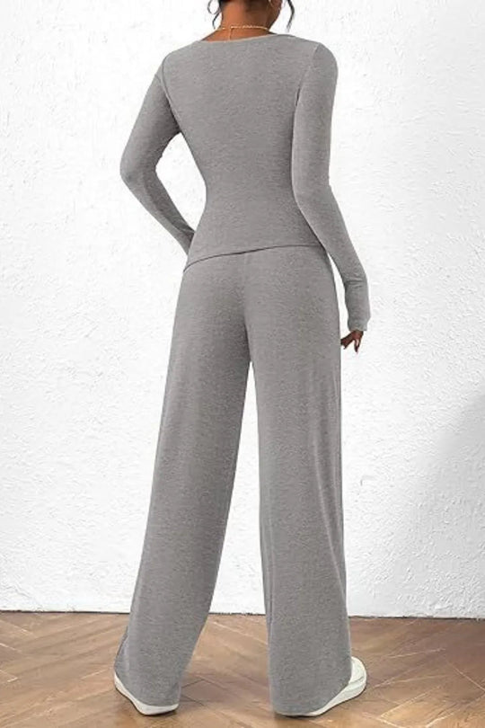 Round Neck Long Sleeve Top and Pants Set - Absolute Discounts