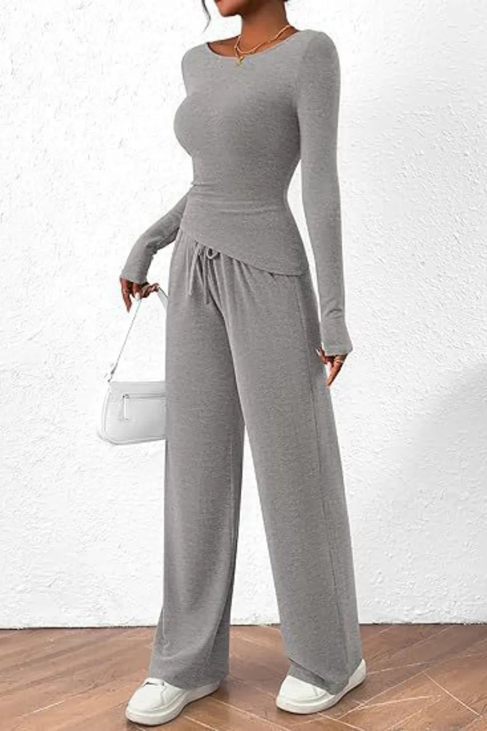 Round Neck Long Sleeve Top and Pants Set - Absolute Discounts