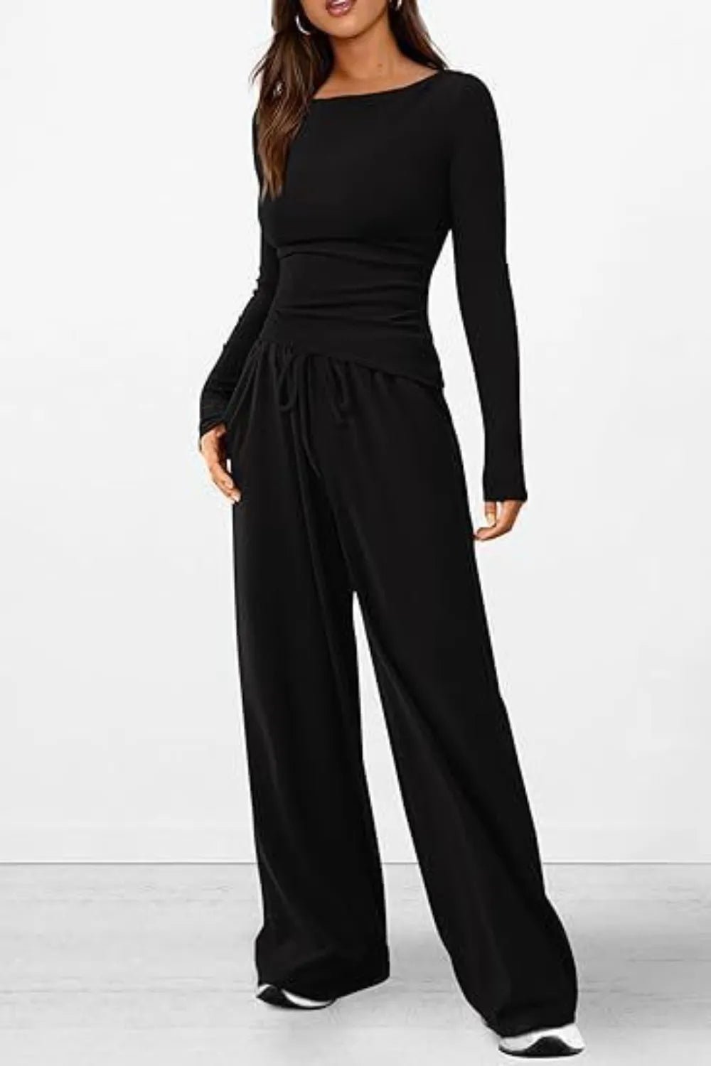 Round Neck Long Sleeve Top and Pants Set - Absolute Discounts