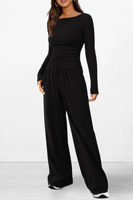 Round Neck Long Sleeve Top and Pants Set - Absolute Discounts