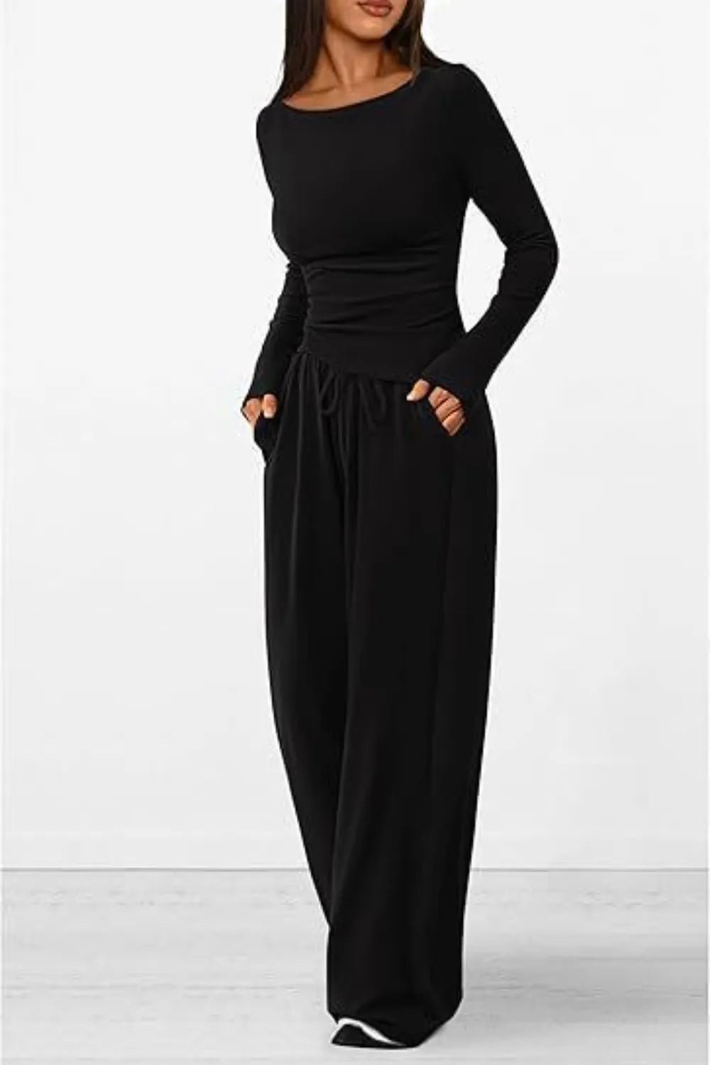 Round Neck Long Sleeve Top and Pants Set - Absolute Discounts