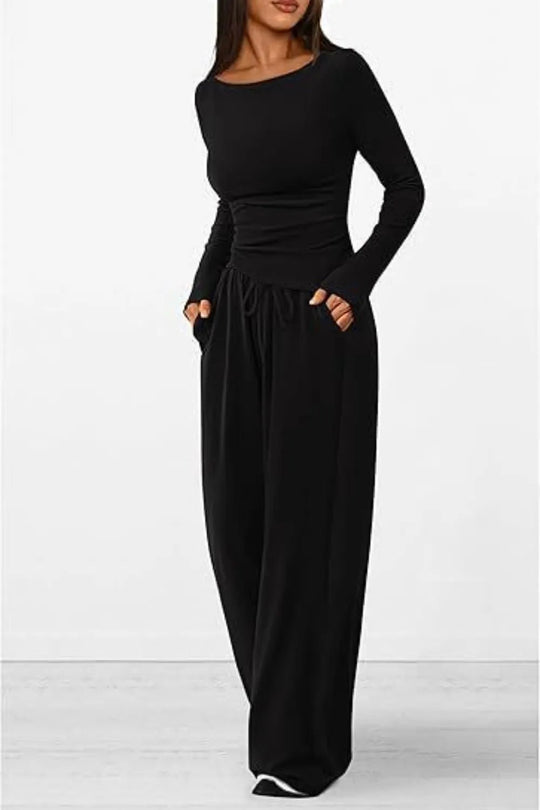 Round Neck Long Sleeve Top and Pants Set - Absolute Discounts