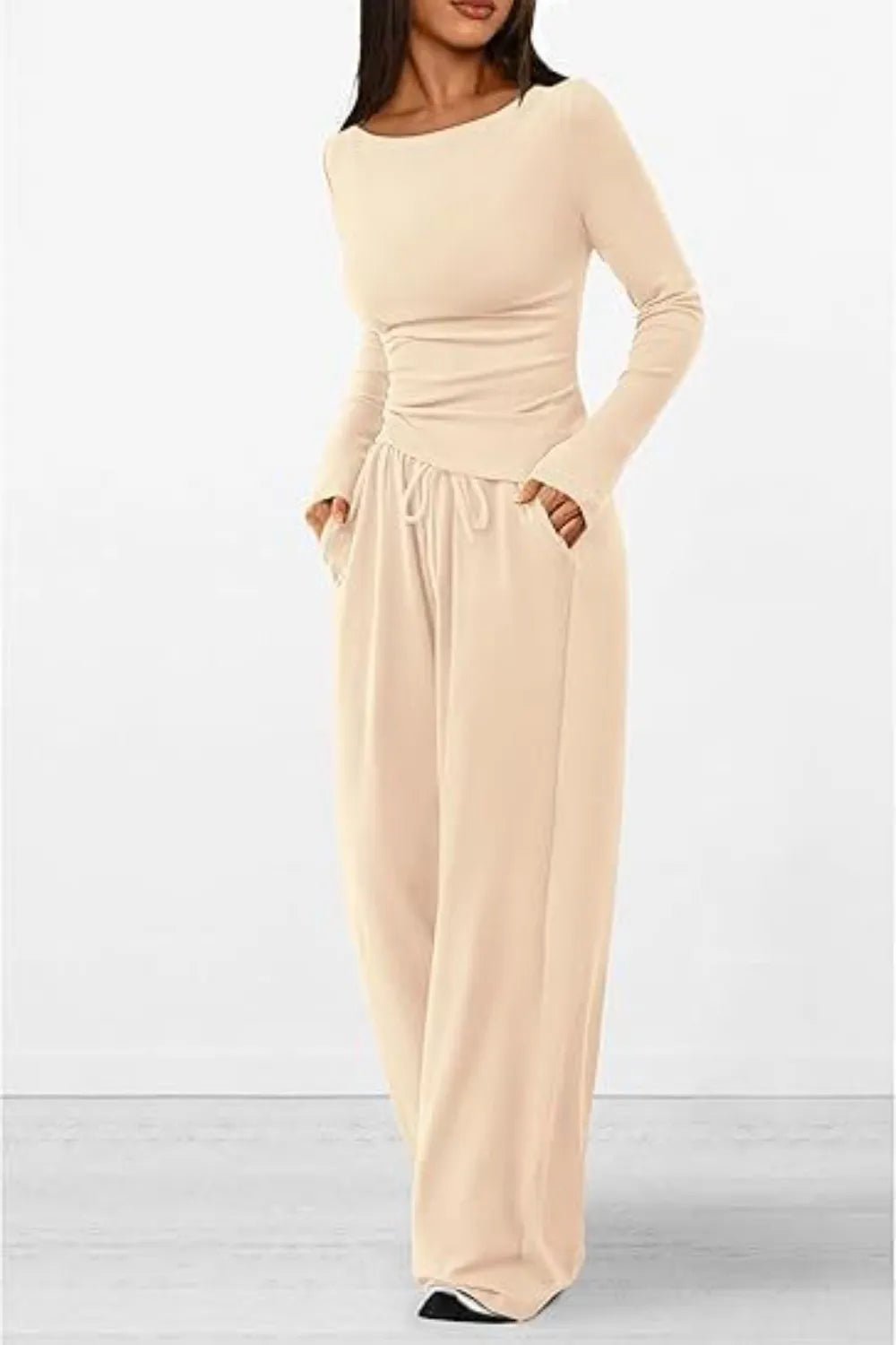Round Neck Long Sleeve Top and Pants Set - Absolute Discounts