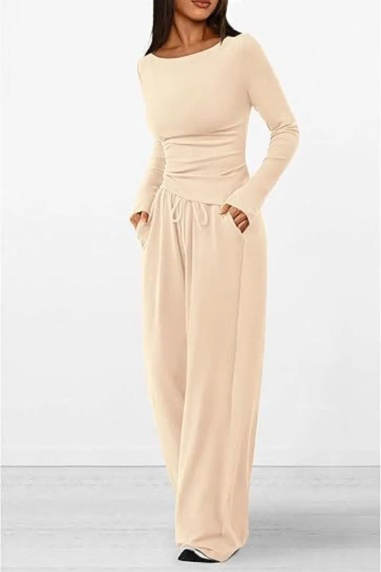 Round Neck Long Sleeve Top and Pants Set - Absolute Discounts
