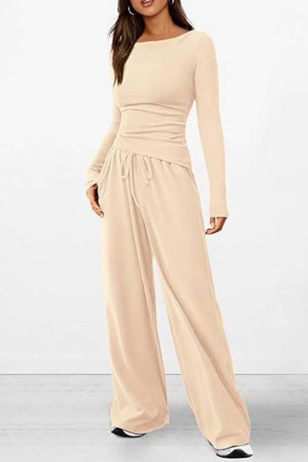 Round Neck Long Sleeve Top and Pants Set - Absolute Discounts