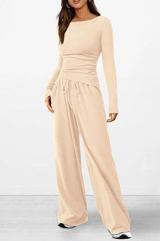 Round Neck Long Sleeve Top and Pants Set - Absolute Discounts