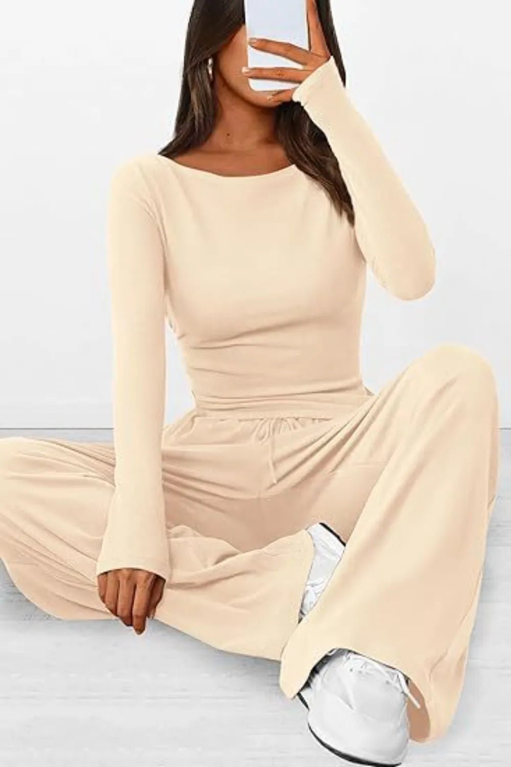 Round Neck Long Sleeve Top and Pants Set - Absolute Discounts