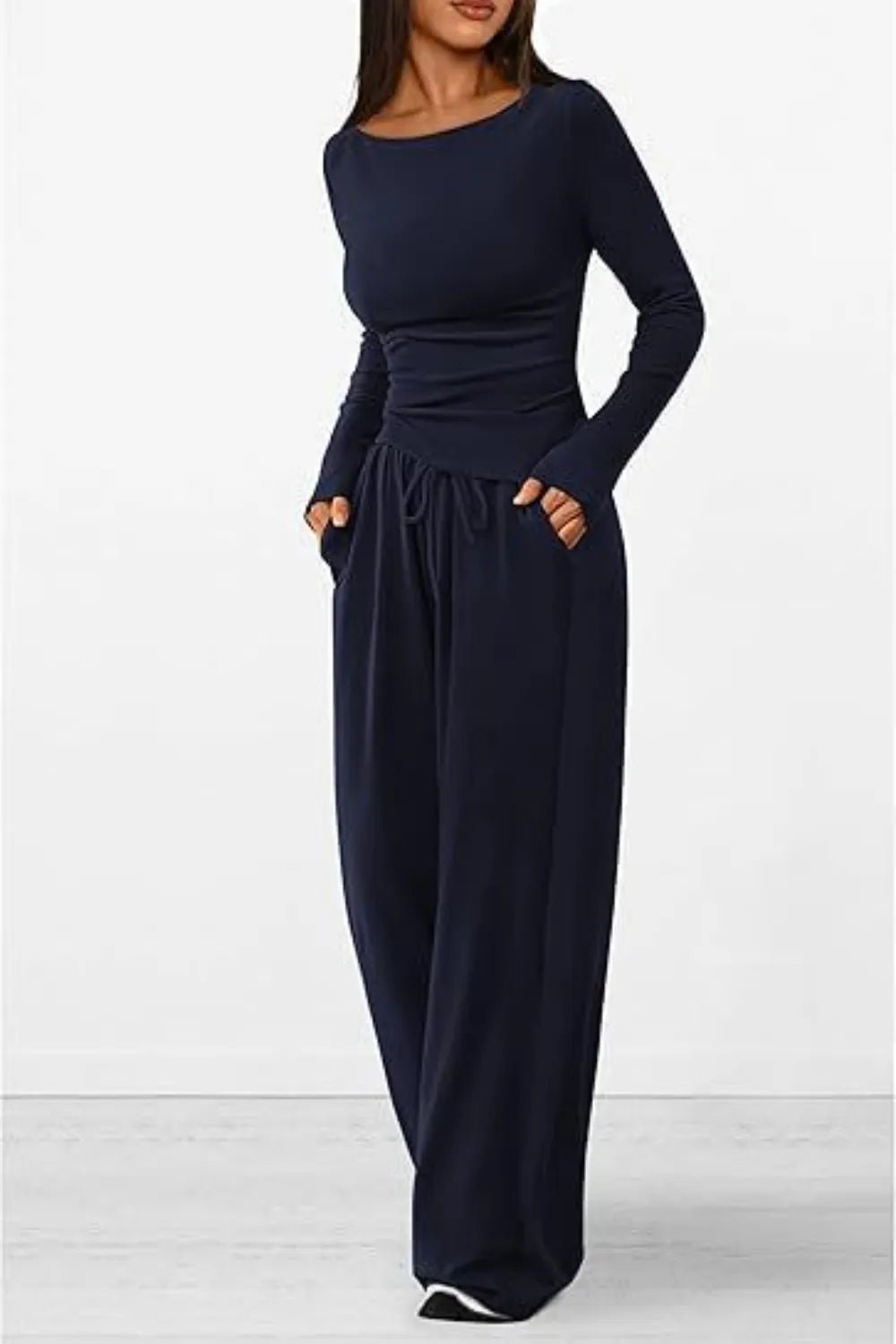 Round Neck Long Sleeve Top and Pants Set - Absolute Discounts