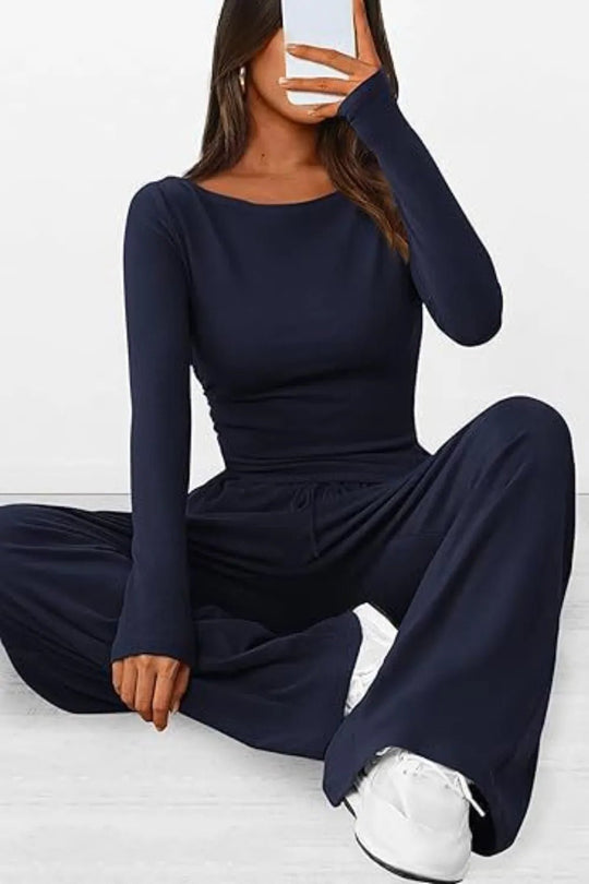Round Neck Long Sleeve Top and Pants Set - Absolute Discounts