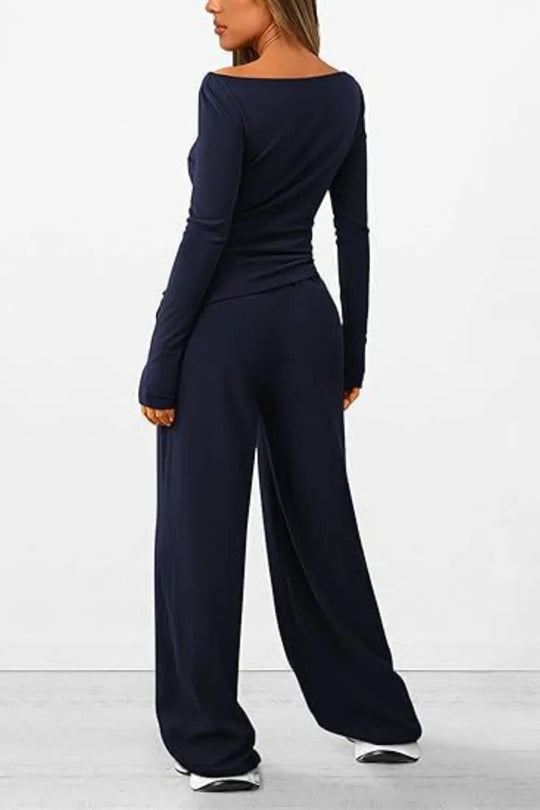 Round Neck Long Sleeve Top and Pants Set - Absolute Discounts