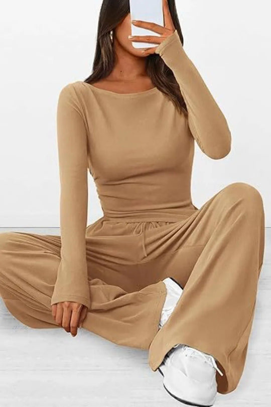 Round Neck Long Sleeve Top and Pants Set - Absolute Discounts