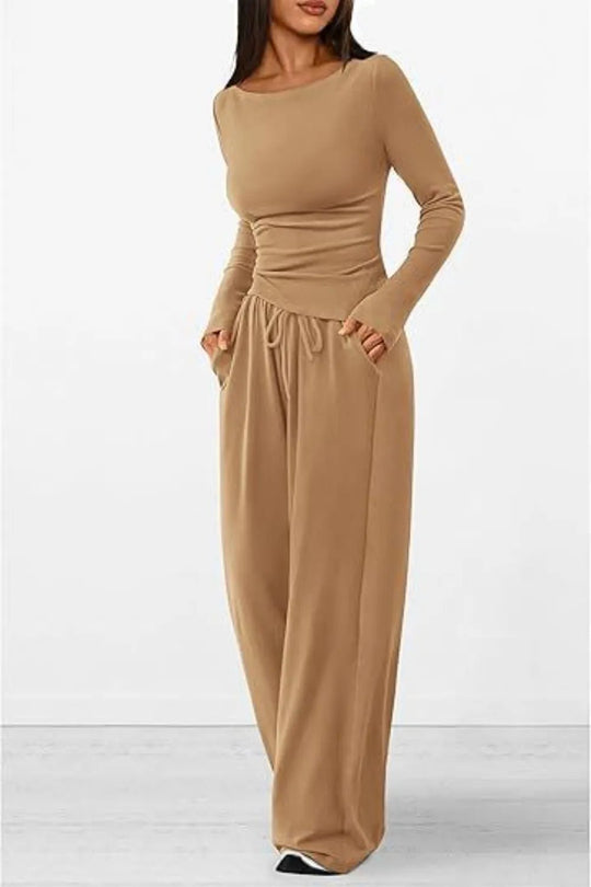 Round Neck Long Sleeve Top and Pants Set - Absolute Discounts