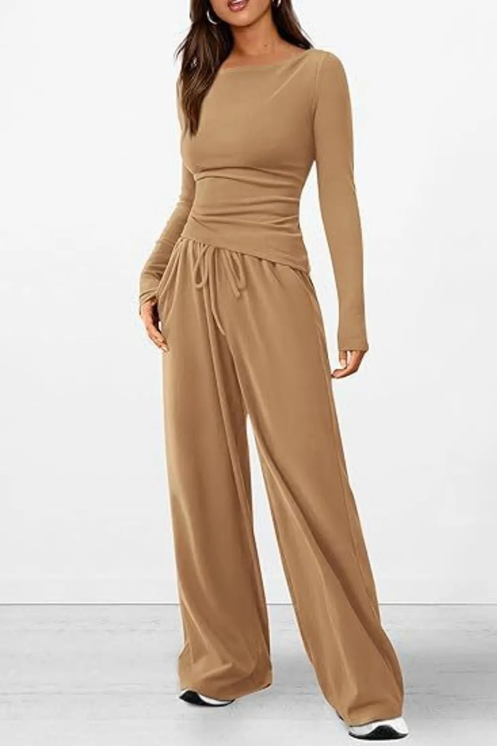 Round Neck Long Sleeve Top and Pants Set - Absolute Discounts
