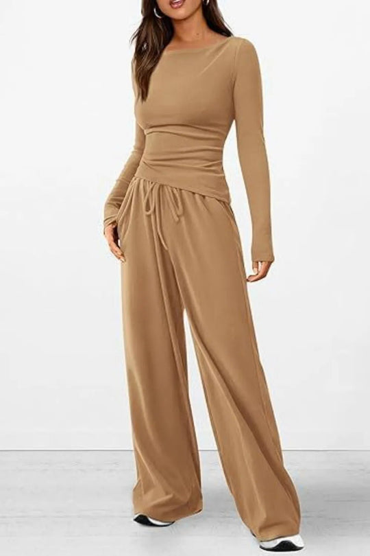 Round Neck Long Sleeve Top and Pants Set - Absolute Discounts