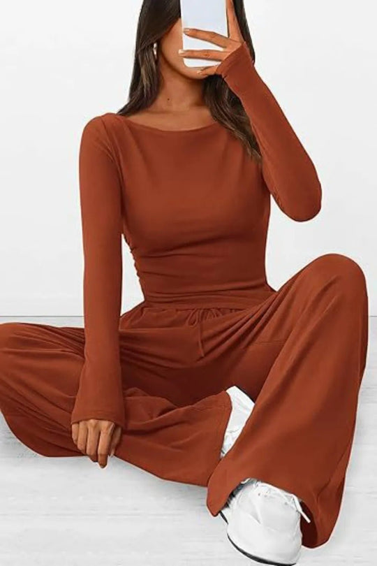 Round Neck Long Sleeve Top and Pants Set - Absolute Discounts